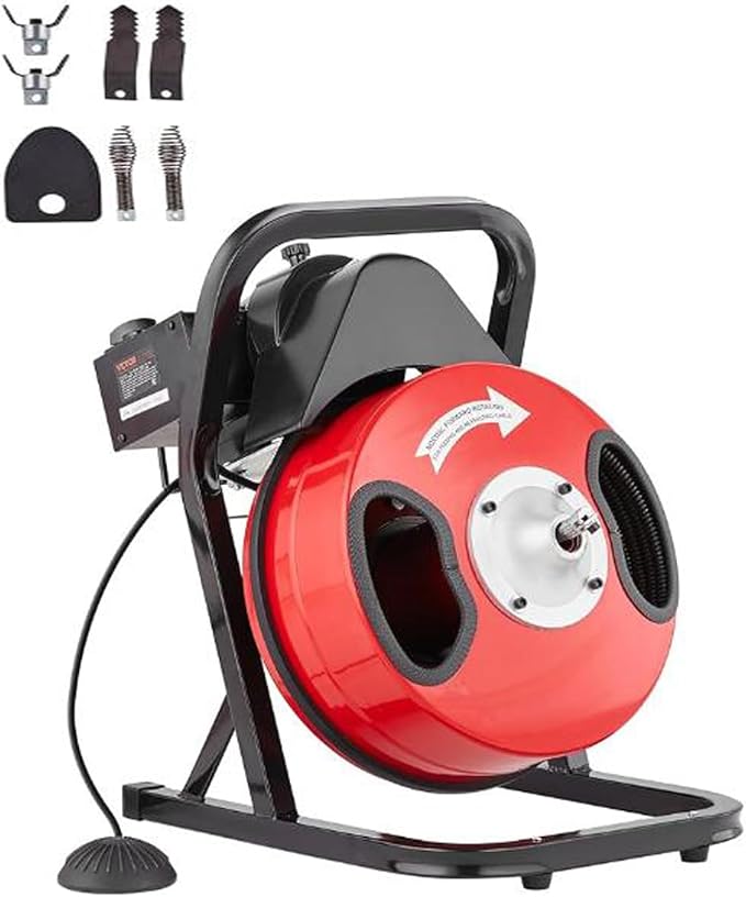 Garvee 50FTx1/2 Inch Drain Cleaner Machine with Wheels, Sewer Snake Drain for 2" to 4" Pipes, Plumbing Snake Auger Cleaner with 6 Cutter & Foot Switch for Sewer, Sink, Toilet, Bathroom