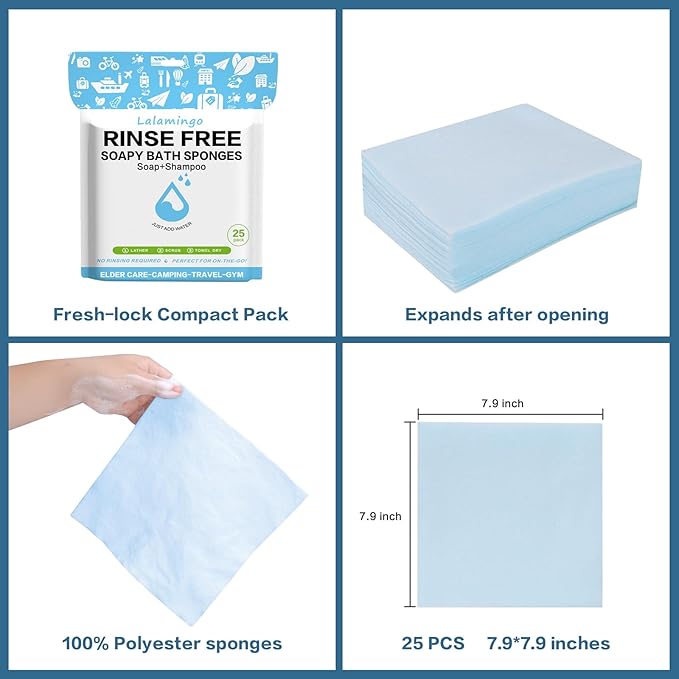 Disposable Rinse Free Bath Sponges, No Rinse Bathing Wipes for Adults, Soap Infused Dry Shower Wipes for Elderly, Bedridden, Camping, Post Surgery(25 Count 1 Pack)