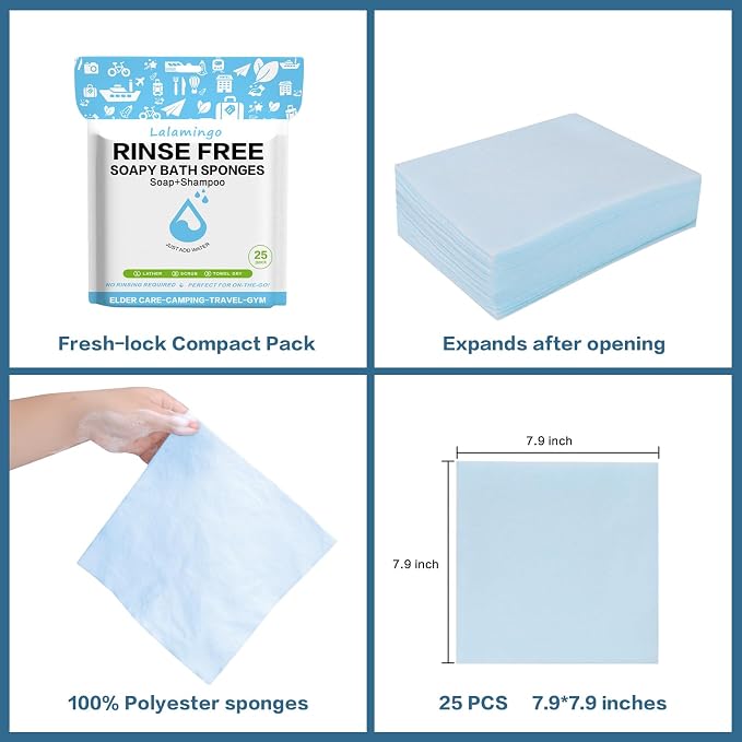 Disposable Rinse Free Bath Sponges, No Rinse Bathing Wipes for Adults, Soap Infused Dry Shower Wipes for Elderly, Bedridden, Camping, Post Surgery (pphm-08)