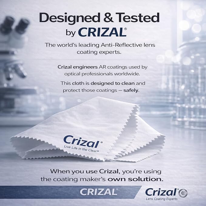 Crizal Eyeglass Cleaning Cloths –2 Pack Premium Microfiber – Designed & Tested for AR-Coated Lenses – Trusted by Optical Professionals
