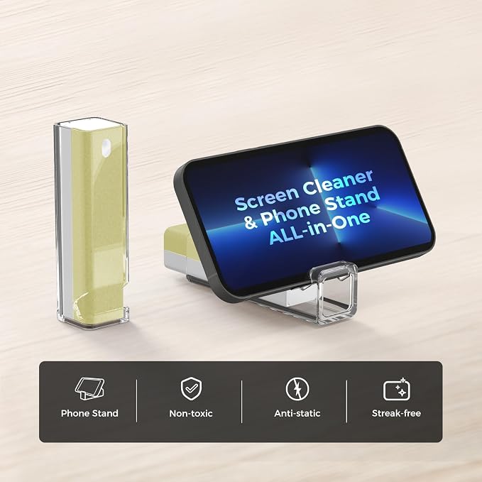 CLICK CLEAN Screen Cleaner Spray with Phone Stand Case & Microfiber | 2-in-1 Cleaner & Phone Stand, Streak-Free Cleaning, Gentle Formula, For Phone Laptop Tablet Screens, Beige, 0.5oz