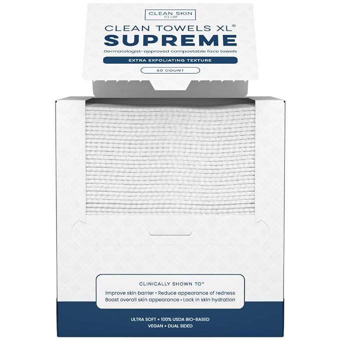 Clean Skin Club Clean Towels XL® Supreme, 100% USDA Biobased Face Towel, Disposable Face Towelette, Eczema Association Accepted, Thicker Textured Dry Wipes, Ultra Absorbent & Soft, 1 Pack, 50 Ct