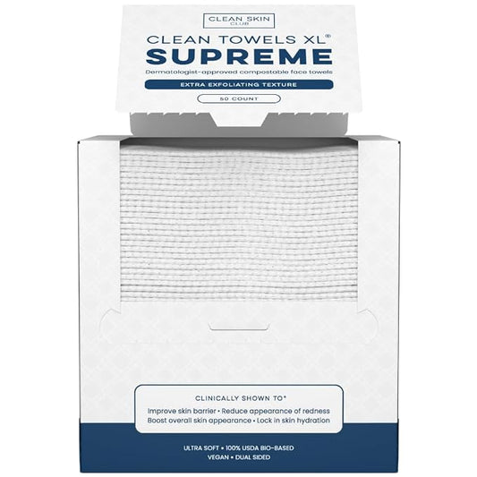 Clean Skin Club Clean Towels XL® Supreme, 100% USDA Biobased Face Towel, Disposable Face Towelette, Eczema Association Accepted, Thicker Textured Dry Wipes, Ultra Absorbent & Soft, 1 Pack, 50 Ct