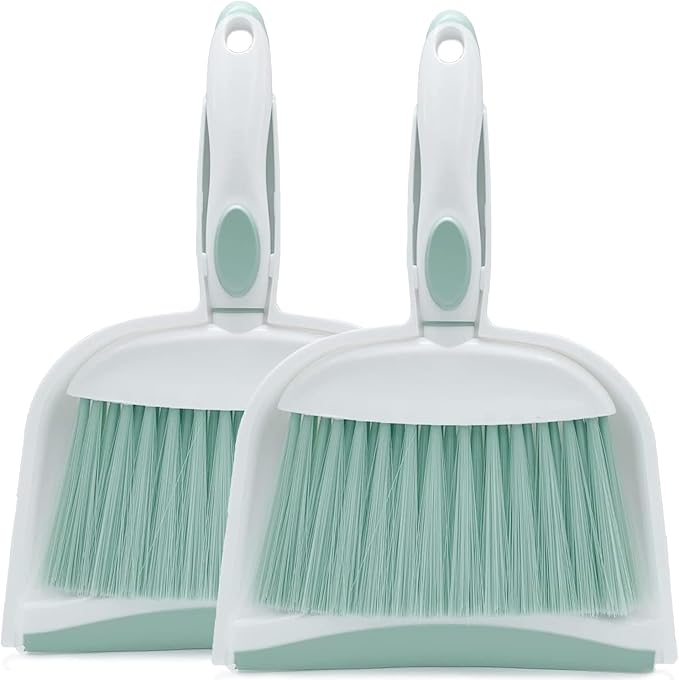 Dust pan, Mini Dustpan and Brush Set, Small Broom and Dustpan Set, Small Hand Broom and dust pan Set, Whisk Broom, Dust pan and Brush for Desk, Table, Home, Kitchen (Light Green 2pcs)