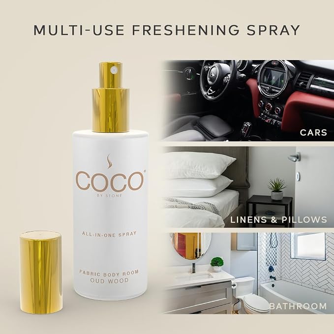COCO by Stone 5oz All-in-One Spray Oud Wood Fabric & Room Mist | Shake-and-spray formula for fabrics, pillows, clothing, and rooms with a luxurious Oud Wood fragrance. Vegan & cruelty-free.