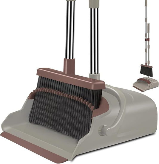 Upgrade Broom and Dustpan Set, Self-Cleaning with Dustpan Teeth, Ideal for Dog Cat Pets Home Use, Super Long Handle Upright Stand Up Broom and Dustpan Set (Brown)