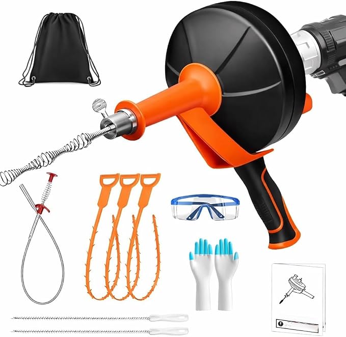 Drain Auger 33ft Drain Clog Remover with Drill Adapter, Flexible Plumbing Snake for Kitchen, Bathroom & Shower, Manual or Drill Powered (33ft Drain Auger + Tool Kit)