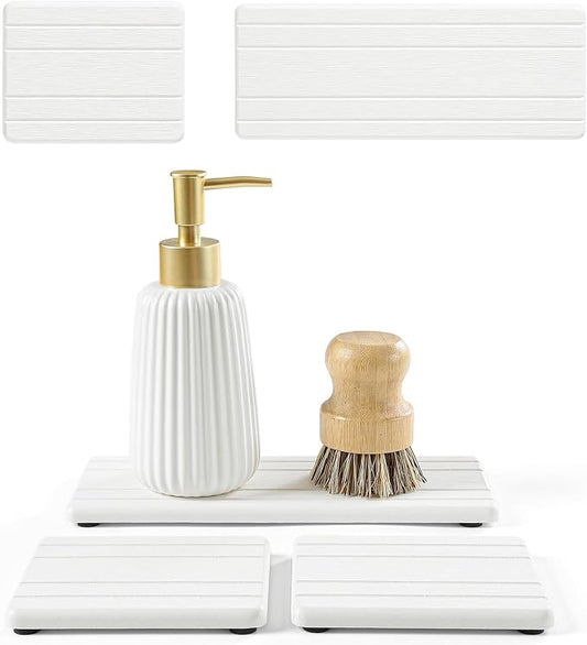 3 Pack Stone Drying Tray, Water Absorbing Stone Sink Mat for Kitchen & Bathroom Counter, Diatomite Soap Dish Vanity Caddy, Sponge Holder Organizer, White - 2pcs of 4.5"x 3.5" and 1pc of 9"x 3.5"