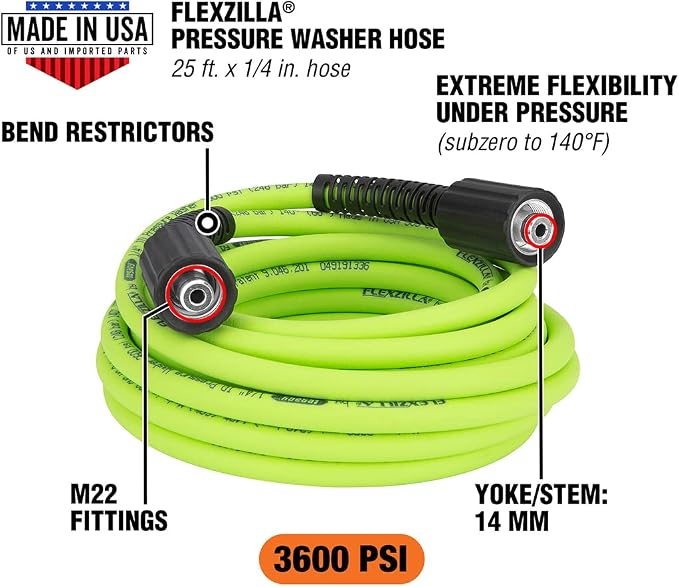 Flexzilla Pressure Washer Replacement Hose, 1/4 in. x 25 ft., 3600 PSI, M22 Fittings, No-Kink, Lightweight, ZillaGreen