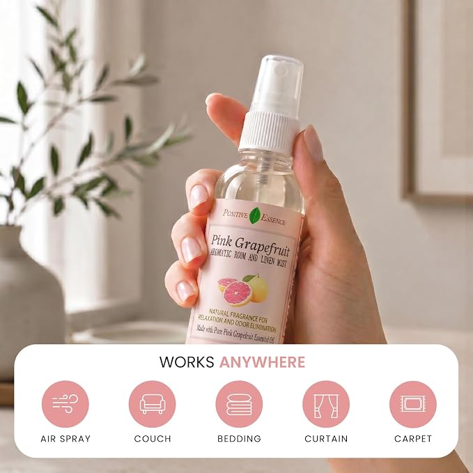 Pink Grapefruit Linen and Room Spray, Citrus Home Fragrance, 4 fl oz | Bright citrus aroma, juicy sweet and lightly tart notes, suitable for fabrics and bathrooms, small-batch made in Thailand