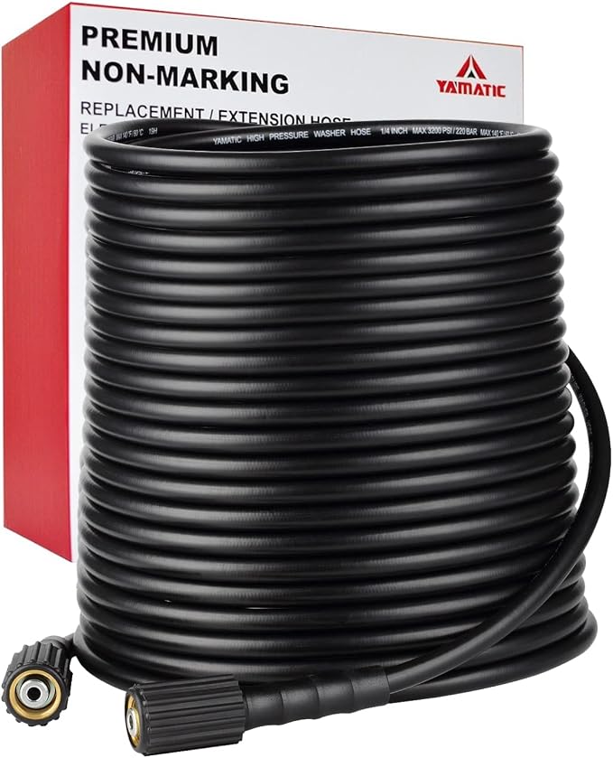 YAMATIC Pressure Washer Hose 100FT x 1/4", 3200 PSI Kink Resistant OEM-Quality Upgrade Power Washer Replacement with M22-14mm Brass Fittings for Ryobi, Troy Bilt, Greenworks, Craftsman