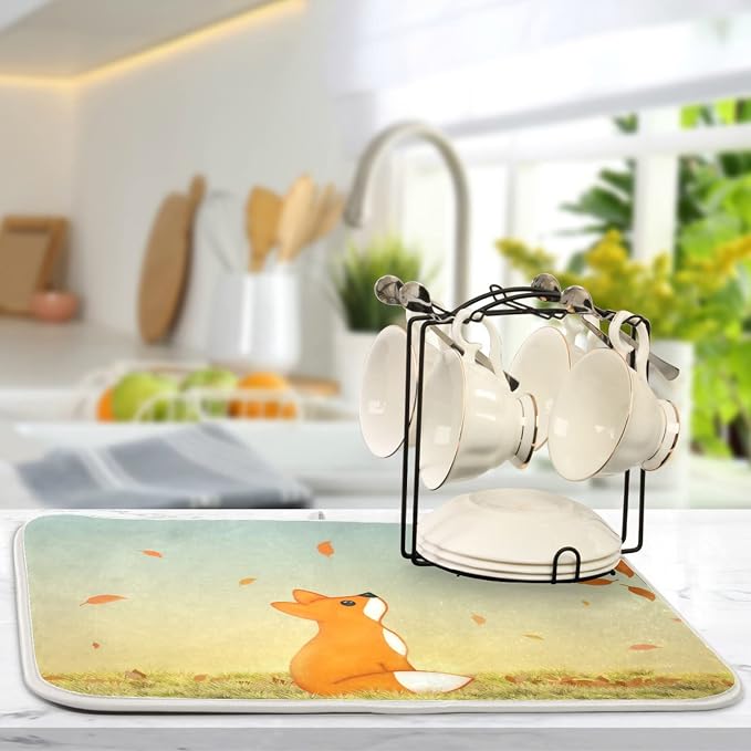 Absorbent Dish Drying Mat for Kitchen Counter - Cute Fox Microfiber Drying Pad, Reversible Drainer Mats for Countertop, Lager 18 x 24 inch