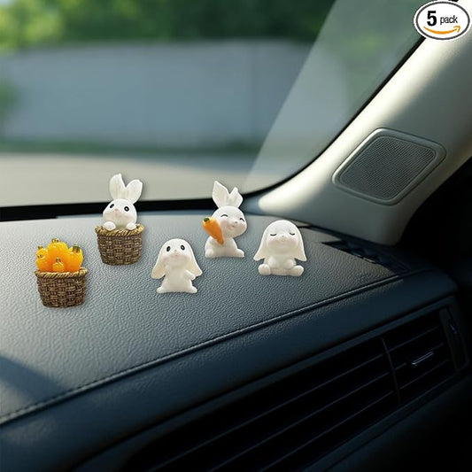 5PCS Cute Mini Rabbit Car Dashboard Decorations, Resin Cartoon Figurine Set for Rear View Mirror & Center Console Ornaments, Funny Car Interior Accessories for Home Office Desk (Rabbit)