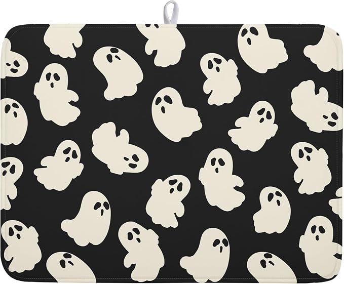 Halloween Ghosts Dish Drying Mat for Kitchen Counter Halloween Cute Ghost Drying Dish Mat 18”x24” Absorbent Microfiber Reversible Kithchen Mats for Countertop Fast Dry Dish Draining Mats for Halloween