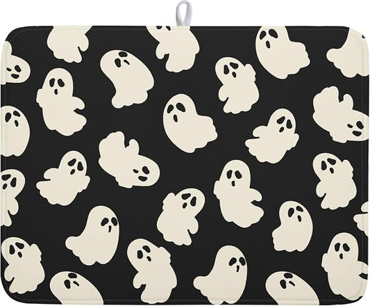 Halloween Ghosts Dish Drying Mat for Kitchen Counter Halloween Cute Ghost Drying Dish Mat 18”x24” Absorbent Microfiber Reversible Kithchen Mats for Countertop Fast Dry Dish Draining Mats for Halloween
