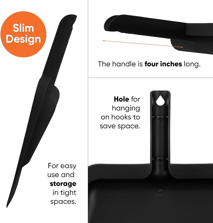 Superio Clip-On Dustpan with Rubber Lip - 10-inch Wide Durable Plastic Dust Pan with Comfort Grip Handle, Black, 3-Pack