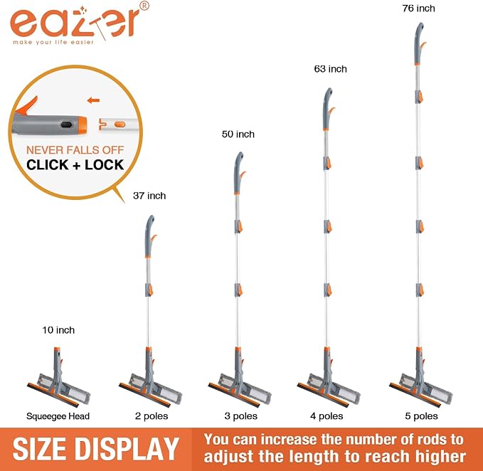 Eazer 76" Spray Window Squeegee Kit with Extension Pole & Pads | 5-Section Pole with Microfiber & Chenille Pads – Streak-free for indoor, outdoor & car windows