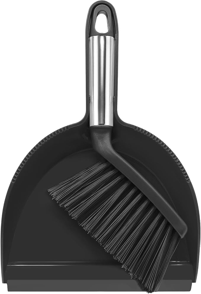 NACENA Mini Broom and Dustpan Set, Small Dust Pan and Brush Set, Black | Dust Pan and Brush Set with Handle Dustpan Teeth for Cleaning Hair Suitable for Office Desks Drawers Sofas Outdoor Camping