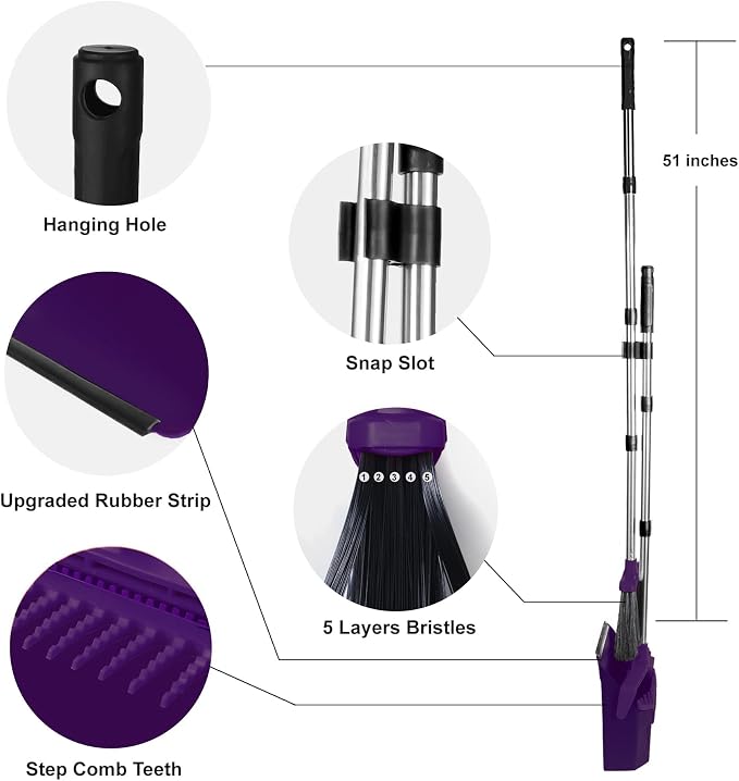 Broom and Dustpan Set for Home, 51" Long Handle Standing Dustpan Purple | Self-Cleaning Dust Pan and Brooms, ZeroGap Lip, Upright Storage Broom Combo for Kitchen Lobby Office Restaurant Indoor