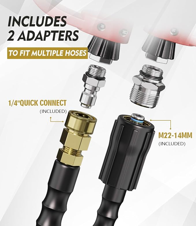 Pressure Washer Gun and Hose Kit, 4800PSI Flexible & Kink-Resistant - Steel Braided & Durable High Power Washer Hose 100 FT with 3/8" Swivel Quick Connector and M22 14mm Adapters & 5 Nozzles
