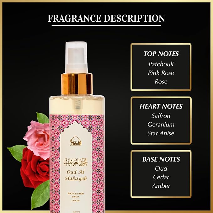 Oud Al Habayeb Rose Spray by Dukhni | 250ml Arabic Oud Room Spray for Home | Rose & Oud Linen Spray for Home, Prayer Mats, Bed, Sofa, Living Room, Curtain, Car | Room Freshener, Odour Eliminator