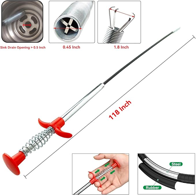 118" Flexible Grabber Claw Tool Reacher, Drain Snake Hair Drain Clog Remover Tool with 4 Claws Bendable Hose for Litter Pick, Home and Kitchen Sink, Drains, Toilet