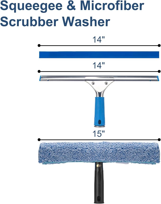 Professional Window Cleaning Kit, 14" Squeegee with 15" Scrubber | 14" Squeegee with 15" Microfiber Scrubber, Window Cleaning Tool for Home, Window Washing Equipment Commercial & Household Use