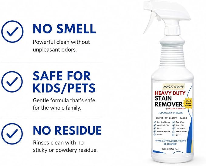 Magic Stuff Heavy Duty Stain Remover - Enzyme-Powered Carpet & Upholstery Cleaner - Eliminates Pet Urine, Odor, Wine, Coffee, Grease, and Deep Set Stains - No rinse, Odor Free, Kid & Pet Safe Formula