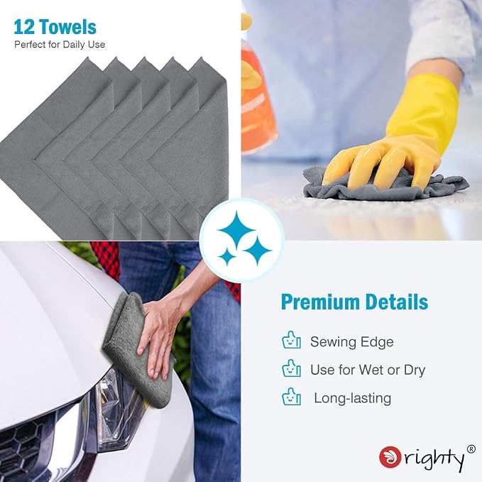 Orighty Microfiber Cleaning Cloth, Cleaning Rags, 12 Pack, 12x11 in, Grey | Microfiber Towels for Cars, Soft Highly Absorbent Rag, Lint Free Cloths for Car Care, House, Kitchen