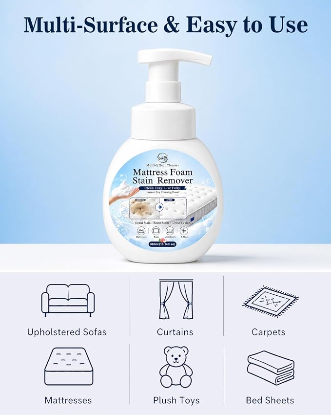 Snowlily Mattress Stain Remover Foam Spray - Multi-Surface Fabric and Upholstery Cleaner, Pet-Safe, Non-Toxic, Quick-Drying for Mattress, Couch, Carpet,300ml