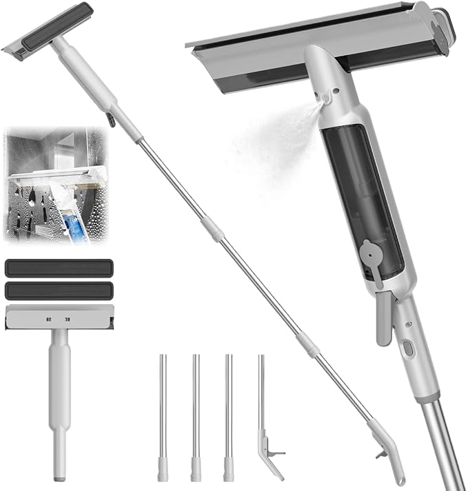 4 in 1 Window Squeegee with Water Tank,Window Cleaner Tool with Remote Control Water Spray,16'' to 72'' Adjustable Extension Pole,Wastewater Tray,Sponge Window Squeegee for Shower Glass Car Window