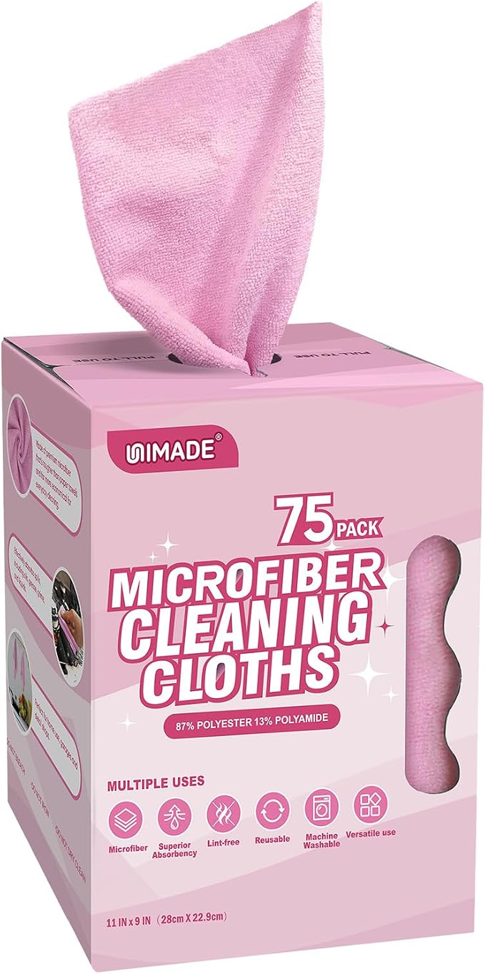 UNIMADE Microfiber Cleaning Cloth, 75 Sheets Microfiber Towels for Cars Commercial Grade Washcloths Lint-Free Bulk Shop Towel Cleaning Rags for Household Restaurant Garage Housekeeping, 11"x 9", Pink
