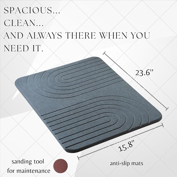 LIFSEZY- Large Stone Drying Mat for Kitchen Counter – Quick Dry Stone Mat Kitchen Accessory, Diatomaceous Earth Mat for Sink, Dishes, and Utensils, Gray.