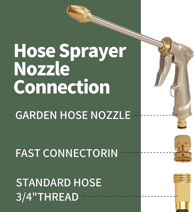 Garden hose nozzle spray, heavy metal high-pressure water gun, rotating can obtain different types of spray, watering plants and lawn, car washing, yard and pets (Long nozzle set)