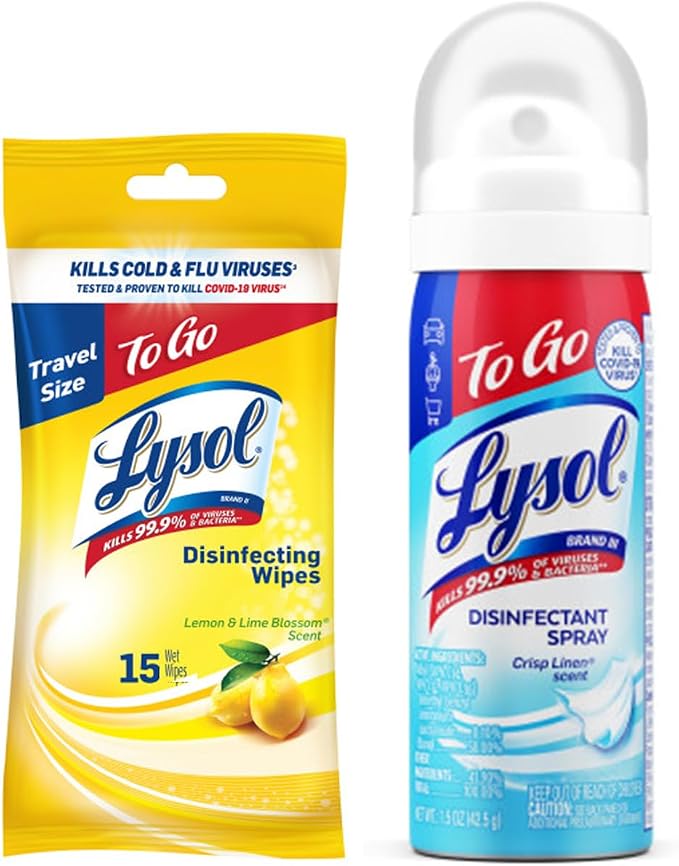 Lysol To Go Bundle - 1.5 Ounce Crisp Linen Disinfectant Spray and Lemon Lime Disinfecting Wipes Flat Pack
