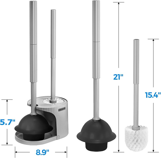 FORASTO 2 in 1 Toilet Plunger and Brush Set,Extended Handle Plunger,Toilet Bowl Brush Plunger Set,Bathroom Cleaning Tools,Cleaning Brush,Toilet Brush Plunger Combo,Charcoal Gray（20.8inch） | 20.8" Extended, Apartment Must Haves, Accessories Decor, Essen...