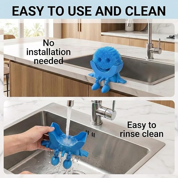 Creative Drainage Sponge Holder: Traceless Glue, 3D Printed Funny Kitchen Sink Holder, Keeps Sponge Dry – for Scrub Daddy (1, Blue)