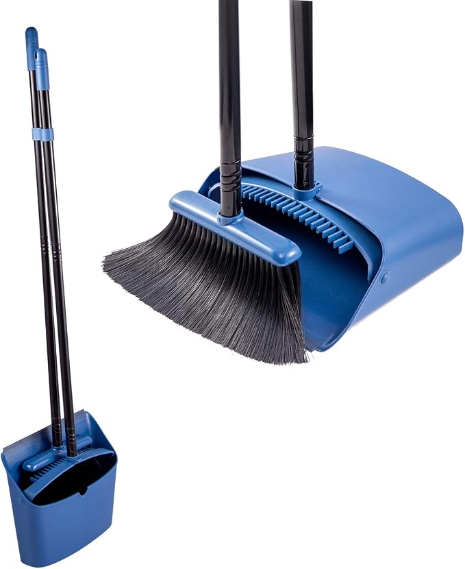 Long Handled Dustpan and Brush, Broom and Dustpan Set, Household Dust pan Combo with 54 Inch Handle for Indoor Outdoor Household Cleaning and Sweeping (Blue)