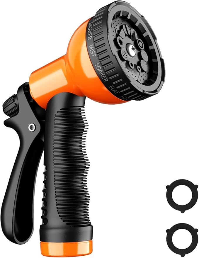 Besiter Garden Hose Nozzle Sprayer 10 Watering Patterns Spray Nozzles Heavy Duty Hose Head Lightweight Hose Attachment Orange