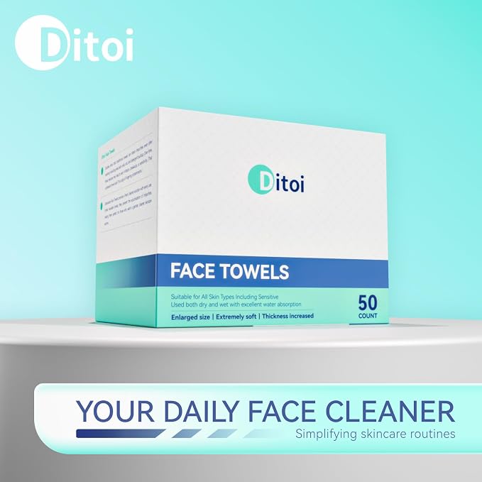 Ditoi Disposable Face Towels XXL, Soft Deep-Cleansing Face cloths,50 Count | Plant-Based Thick Facial Towels for Sensitive Skin,Disposable Washcloths for Skincare,Travel Essentials