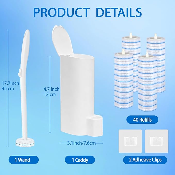 Disposable Toilet Brush and Holder Set, 40 Pre-Filled Refills, 5X Powerful No-Shed Pads, 360° Deep Toilet Bowl Clean, Toilet Bowl Cleaners with Storage Caddy & Adhesive Hooks