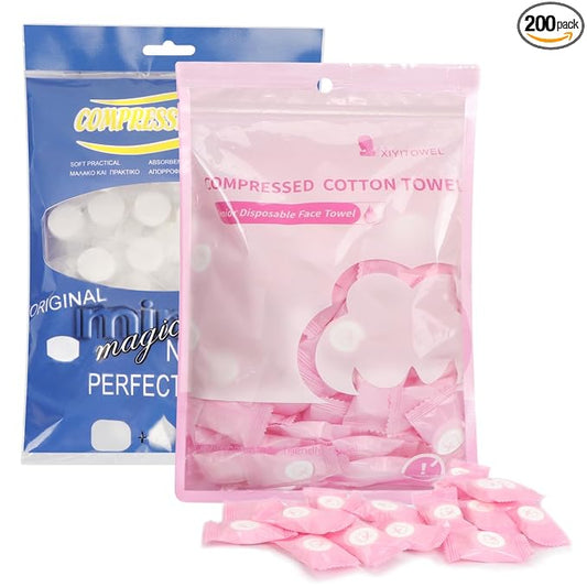 Classycoo Compressed Towel - 200 PCS Mini Tablets Disposable Portable Face Towel Coin Tissue for Travel, Camping, Hiking, Sport,Beauty Wipes, Outdoor Activities Pink+Blue