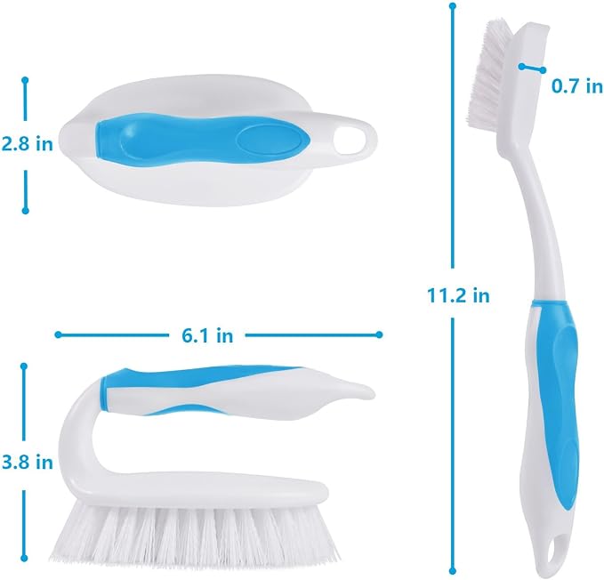 Scrub Brush Set, 4 Pack Deep Cleaning Brush Kit, Blue | 2 Scrub Brush, 2 Tile & Grout Brush with Built-in Scraper, Household Commercial Scrubber for Floor, Shower, Pool Wall, Tub