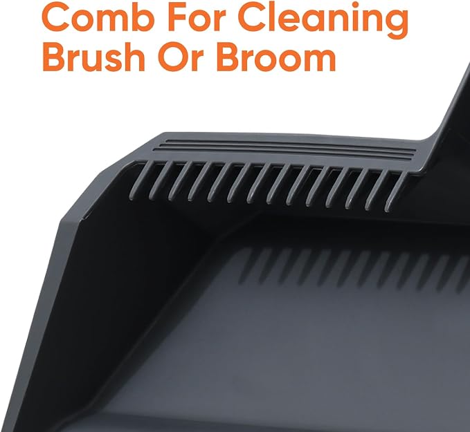 Superio Wide Plastic Dustpan with Comb - 16" Wide, Rubber Lip, Broom Handle Clip, Grey