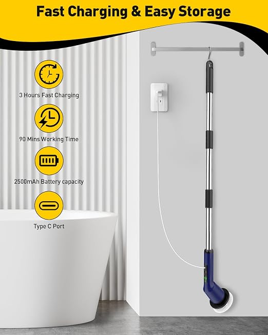 Electric Spin Scrubber for Cleaning Bathroom, Shower Scrubber Cordless Cleaning Brush with IPX7 Waterproof & 2 Speed, 3 Brush Heads, Bathroom Cleaning Supplies for Shower Tub Kitchen Tile Toilet Navy