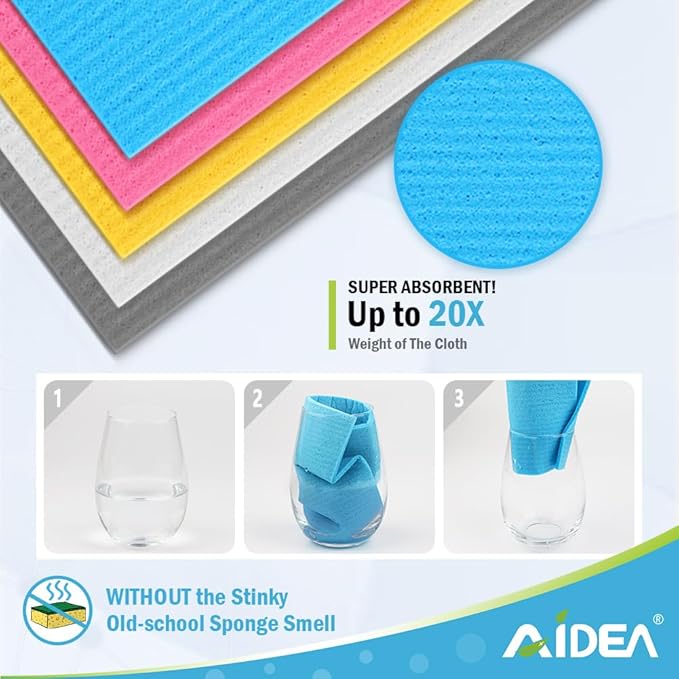 AIDEA Swedish Dishcloths for Kitchen-10PK, Reusable Paper Towels 7" x 6" | Absorbent Sponge Dish Cloth, Dish Rags for Washing Dishes, Swedish Dish Towels for Home, Kitchen, Glasses Wipes