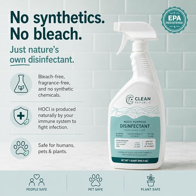 Multi-Purpose Disinfectant, Hypochlorous Acid Cleaner, 32oz Spray Bottle | EPA-Registered, Kills 99% of Bacteria, No Chemical Residue, Hypochlorous Acid, Non-Toxic, Fragrance Free, Family & Pet Safe