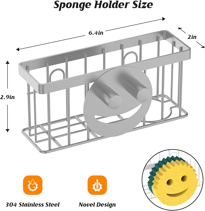 MURLONG Sponge Holder Smiley Face, Sink Organizer with 2 Suction Cups/1 Adhesive Strips, Designed for Sponge, Soap, Dish Brush, Scrubber - Gray