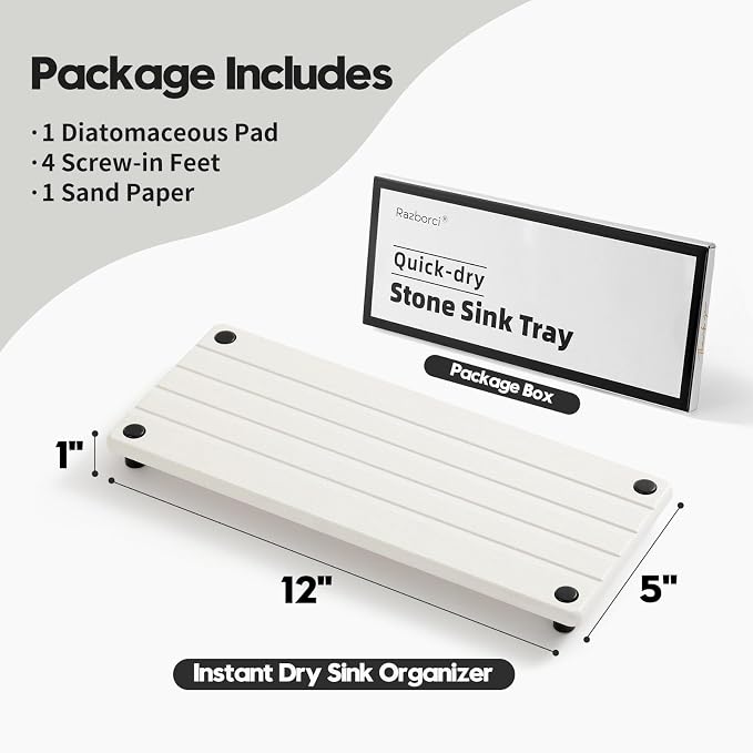 Razborci Instant Dry Sink Caddy Kitchen Sink Organizer, Quick Drying Stone Tray Diatomite Sponge Holder Soap Dish, Bathroom Countertop Fast Dry Water Absorbing Vanity Rack, White, 12" x 5"