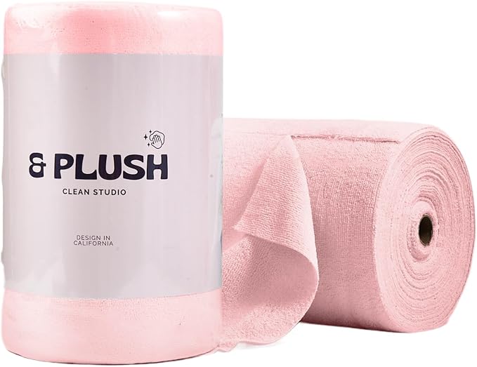 & PLUSH Microfiber Cleaning Cloth Roll - 50 Pack, Tear Away Microfiber Towels, 12" x 12", Reusable, Washable, Streak Free, Ultra Absorbent Dish Rags for Car, Home, Garage or Shop (Pink)